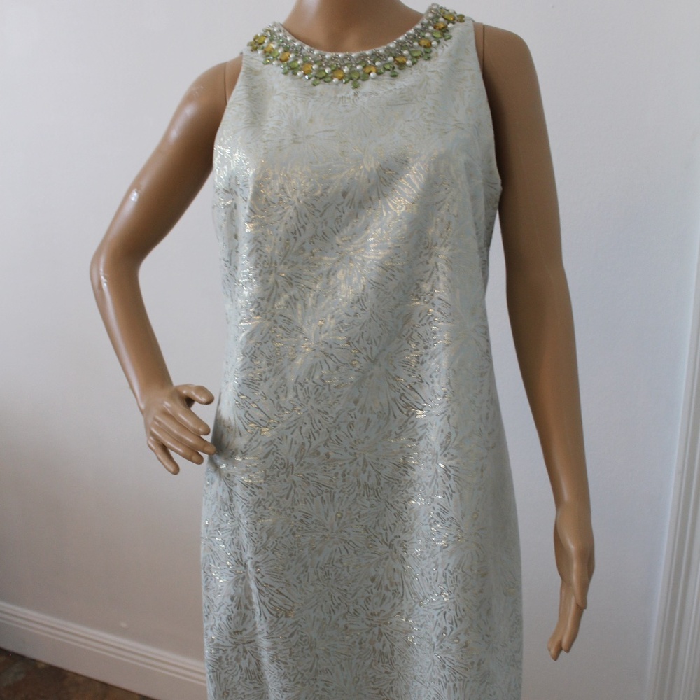 Maggy London Mint Green Pencil Dress with Pearl and Rhinestone Collar, Size 10